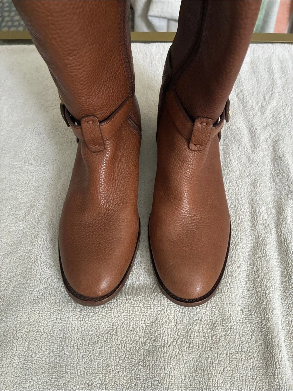 Tory Burch Cognac Pebbled Leather Tall Riding Boots with Logo Medallion